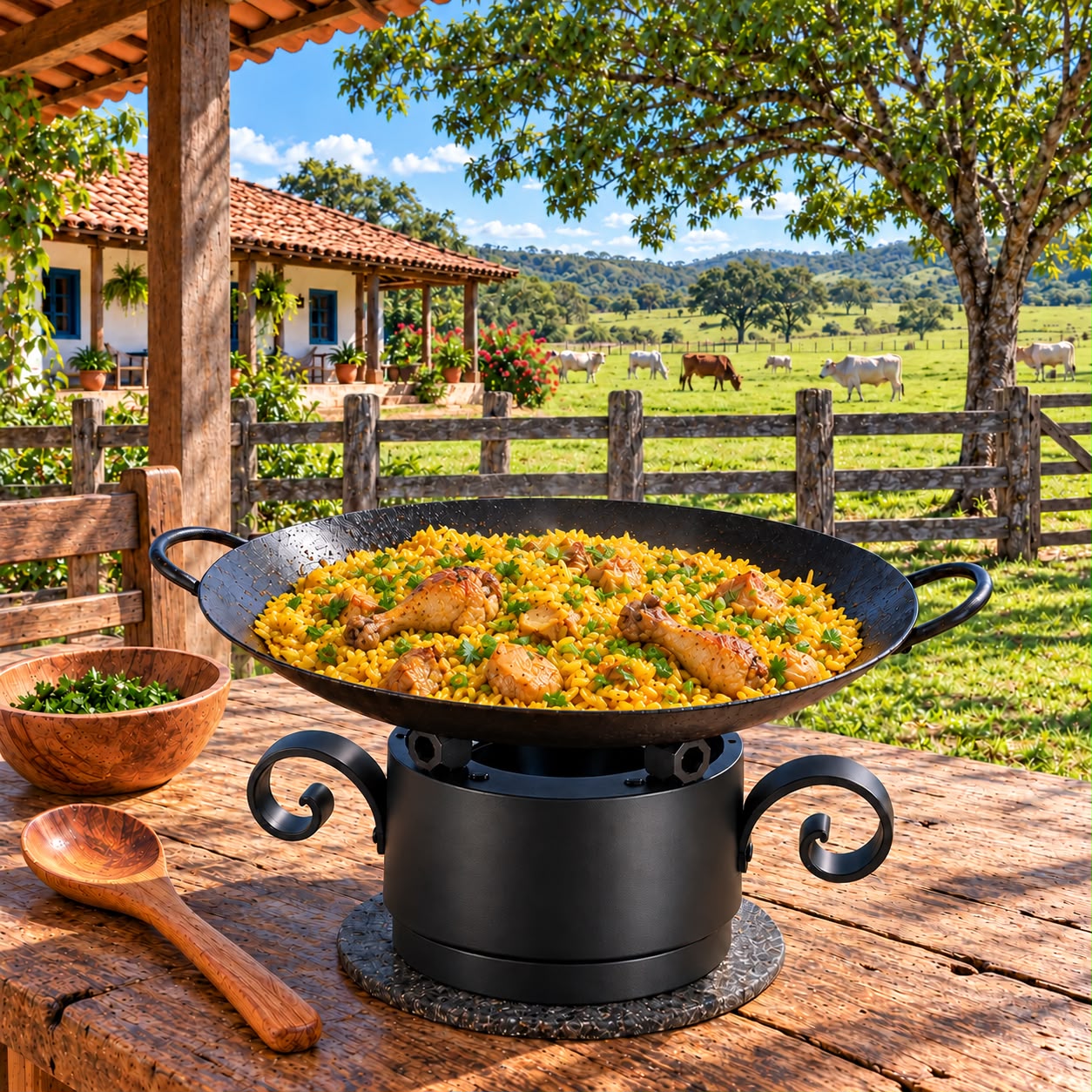 Arroz com frango na paellera sobre o fogareiro no sítio