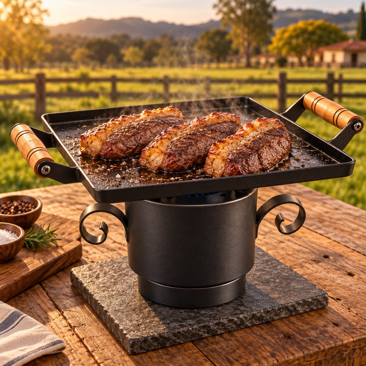 Carne grelhando na chapa ao pôr do sol no campo