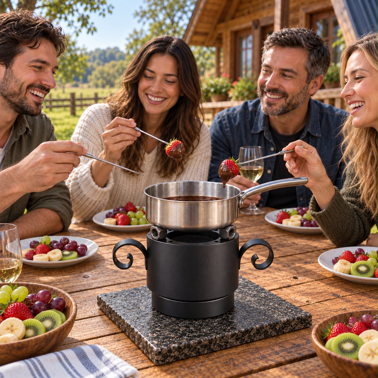 Amigos comendo fondue de chocolate sobre o fogareiro